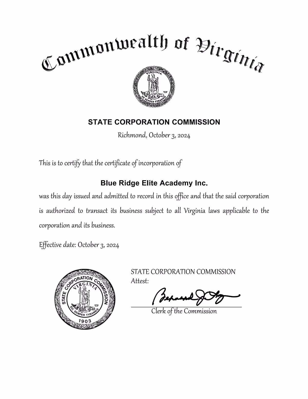 Blue Ridge Elite Academy Inc. 弗吉尼亚州公司注册证明